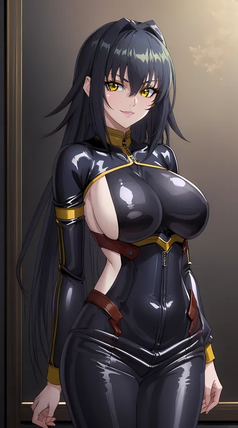 (masterpiece:1.4),(best quality:1.4), beautiful face, beautiful eyes, 1girl, solo, female mature, black hair, long hair, (yellow eyes), large breasts, black bodysuit latex, ((night vibe background)), hair intakes, exquisite eyes detail, exquisite character...