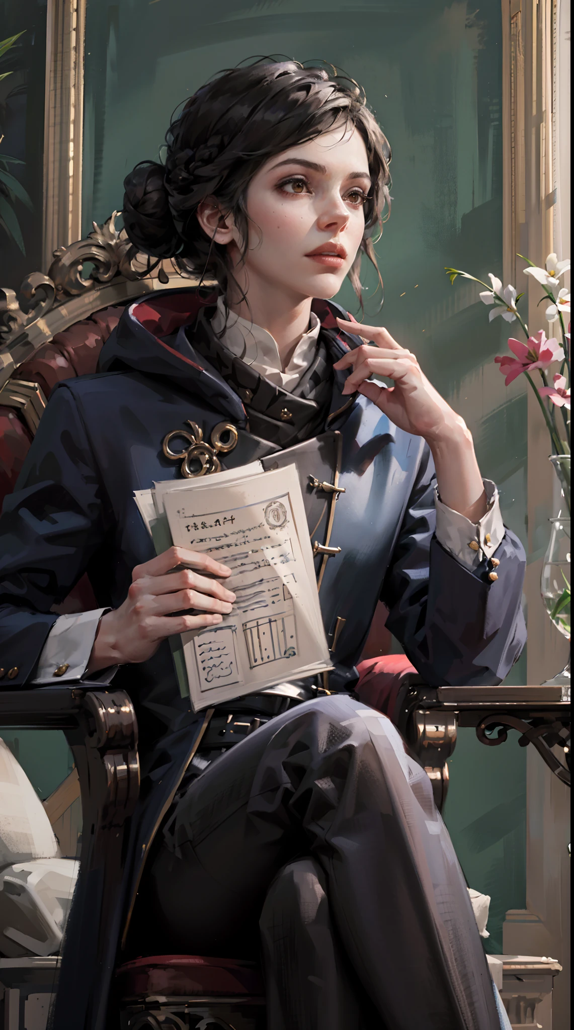 (Masterpiece: 1.2, Best Quality), Realistic, (Realistic Picture, Complex Details, Depth of Field), Best Quality, Masterpiece, Highly Detailed, Semi Realistic, 1 Girl, Mature, 2, brunette, Hair stylized in a high bun, Long Mao left eye, brown eyes:1.5, royal clothes, red cloak, slim figure, reading document, marking document, quill pen, desk, soft stool, palace, palace, palace medieval