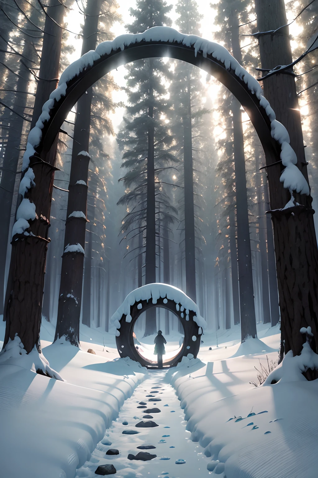 Winter portal in the middle of a green forest