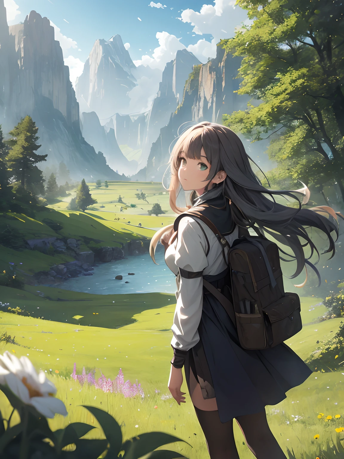 In a green meadow stands a girl leading a group of knights.
BREAK
With a brave expression, she guides them towards their destination.
BREAK
Behind her, a green forest stretches out and beyond that, mountains rise in the distance.
BREAK
The most suitable effect for this scene would be a watercolor painting technique to capture the softness of the meadow and the fluidity of the movement.