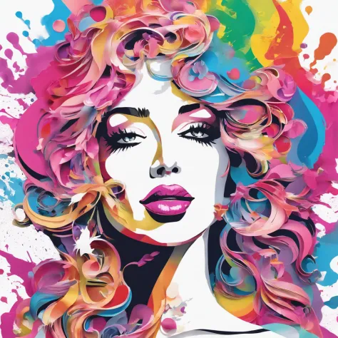 (Masterpiece, Best Quality, High Resolution), White Background, ((Paint Splash, Color Splash, Splash of Ink, Color Splash)), Sweet barbie Girl, Rainbow Hair, Pink Lips, Front, Upper Body