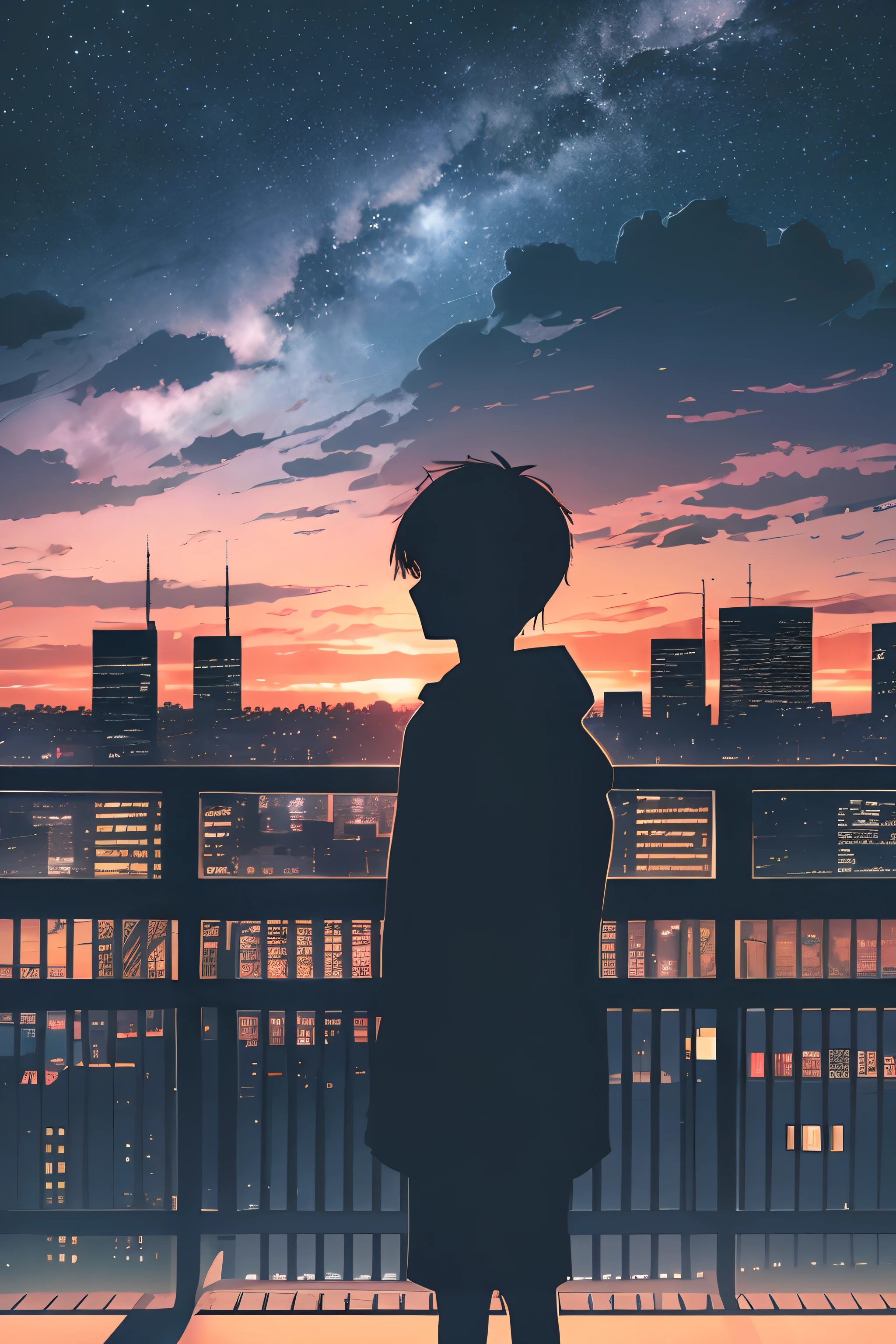 Anime,silhouette,1garçon, étoile (ciel), nuage, villescape, bâtiment, ville, en plein air, cielscraper, ville lights, nuit, nuit ciel, coucher de soleil, cielline