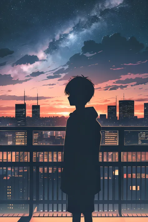 anime,silhouette,1boy, star (sky), cloud, cityscape, building, city, outdoors, skyscraper, city lights, night, night sky, sunset...