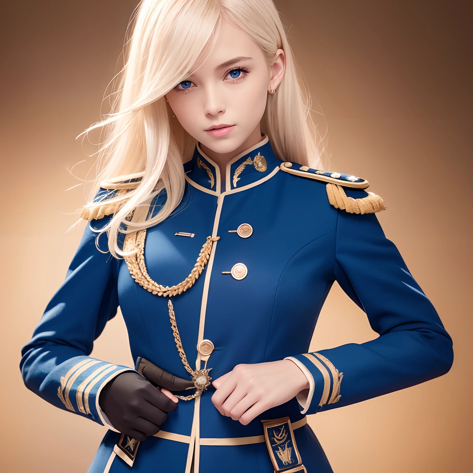 (​masterpiece、top-quality), 1 female,, age 24，Tall lady，long blonde hair to the waist，white hair ornament，blue eyess，broad shoulder, Frenchman，finely eye and detailed face, the Extremely Detailed CG Unity 8K Wallpapers, intricate detailes, Fantastic，royal, nobles, Viceroy, Fleet Commander, Naval Command, blue military uniform，decoration，The background is waves，natural soft light