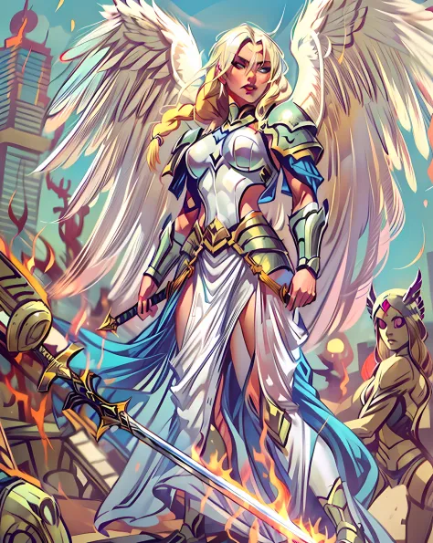 (Comic book cover art: 1.5), an female arch angel preparec for battle, an extremally beautiful warrior angel, ultra feminine, lo...