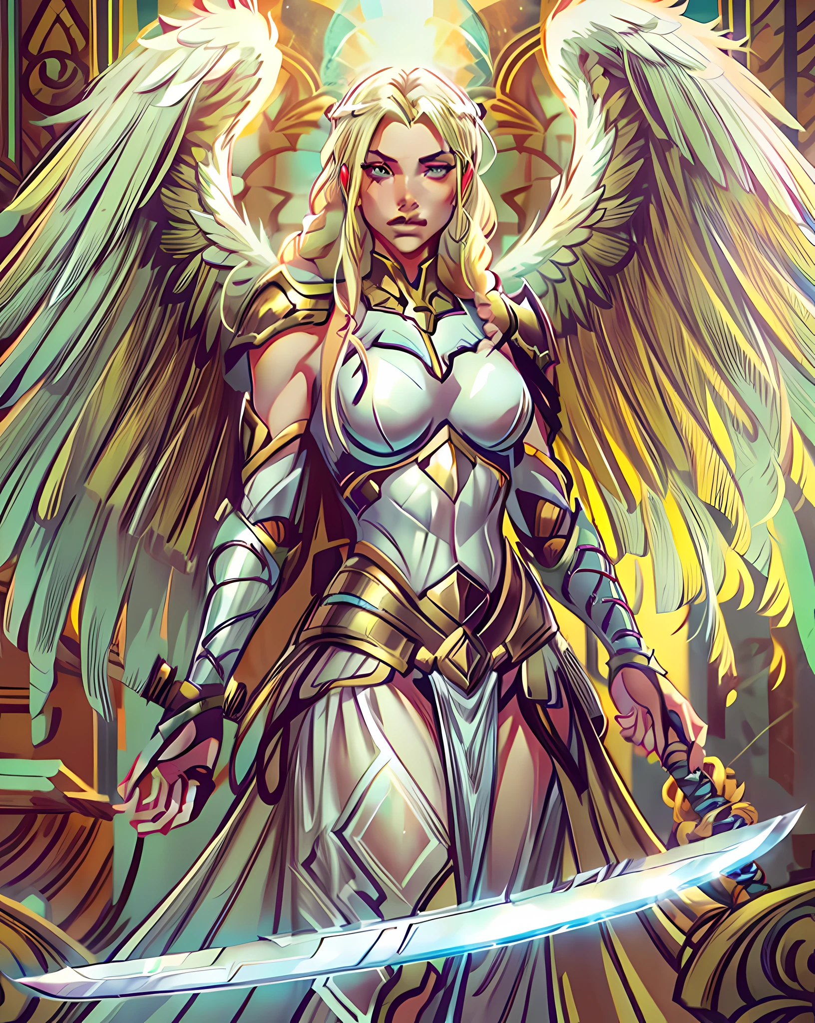 (Comic book cover art: 1.5), an female arch angel preparec for battle, an extremally beautiful warrior angel, ultra feminine, long hair, blond hair, braided hair, wearing divine heavy armor, white armor, (angel wings: 1.2) spread, aremed with fantasysword sword, sword covered with blue fire, ultra wide shot, photorealism, depth of field, hyper realistic, 2.5 rendering,