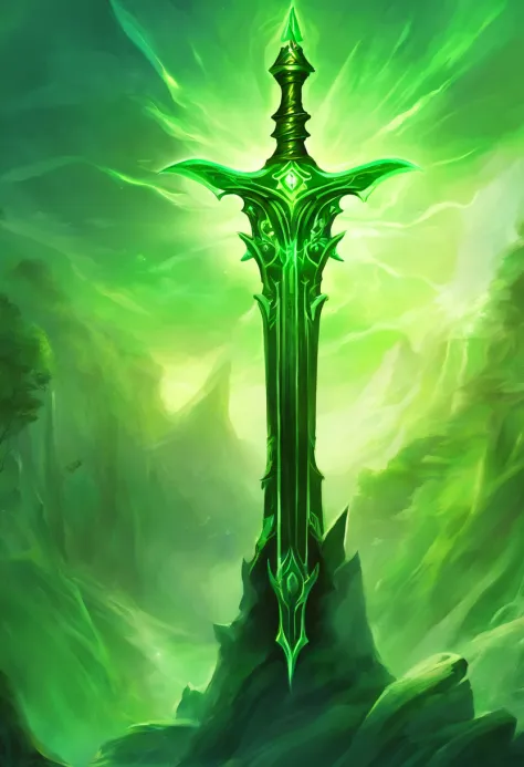 Radiant green sword. black background. Slight white smoke