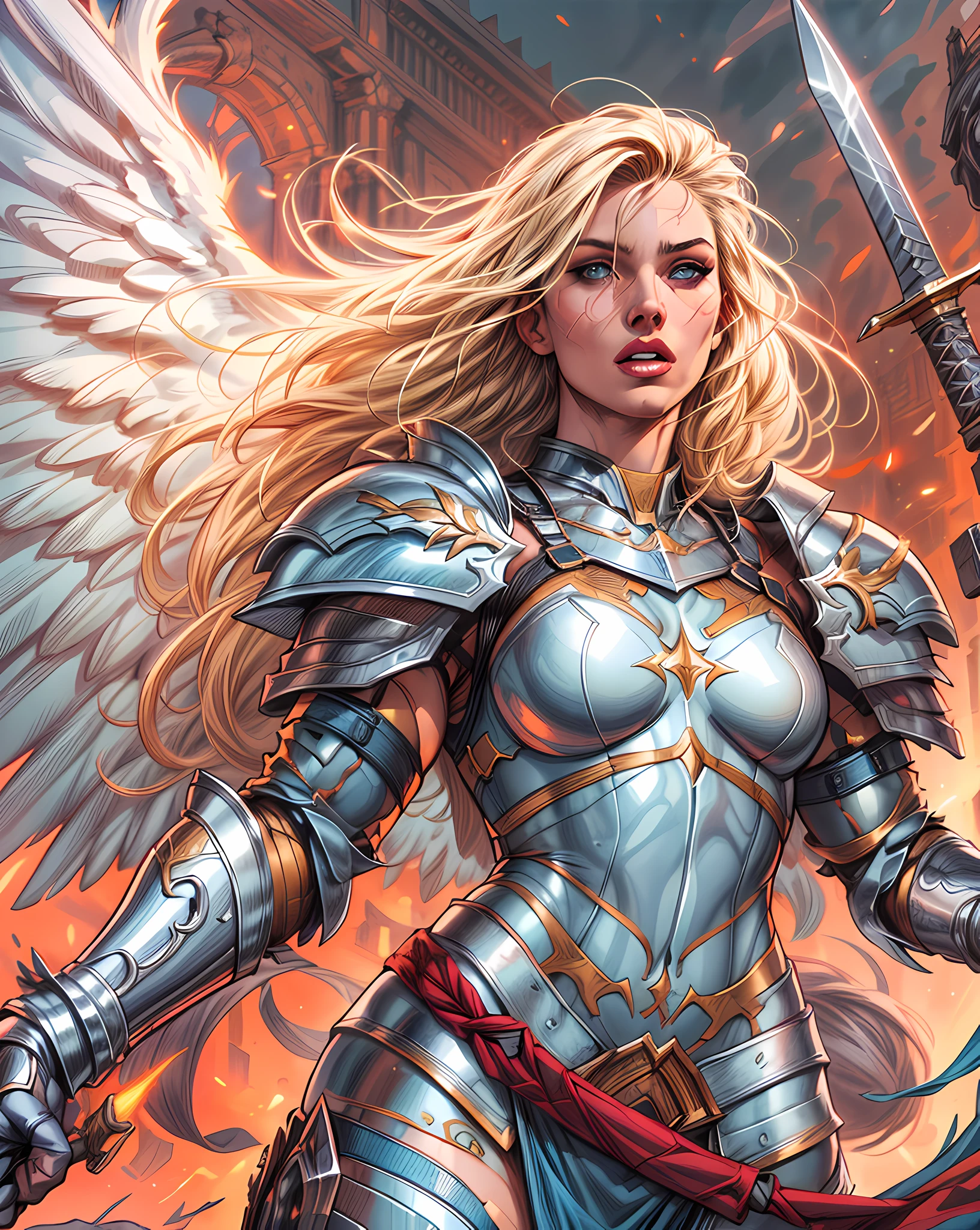 (Comic book cover art: 1.5), an female archangel prepared for battle, an extremally beautiful warrior angel, ultra feminine, long hair, blond hair, braided hair, wearing divine heavy armor, (white armor: 1.2), (angel wings: 1.2) spread, aremed with fantasysword sword, sword covered with blue fire, 16k, RAW, ultra wide shot, photorealism, depth of field, hyper realistic, 2.5 rendering, comic cover