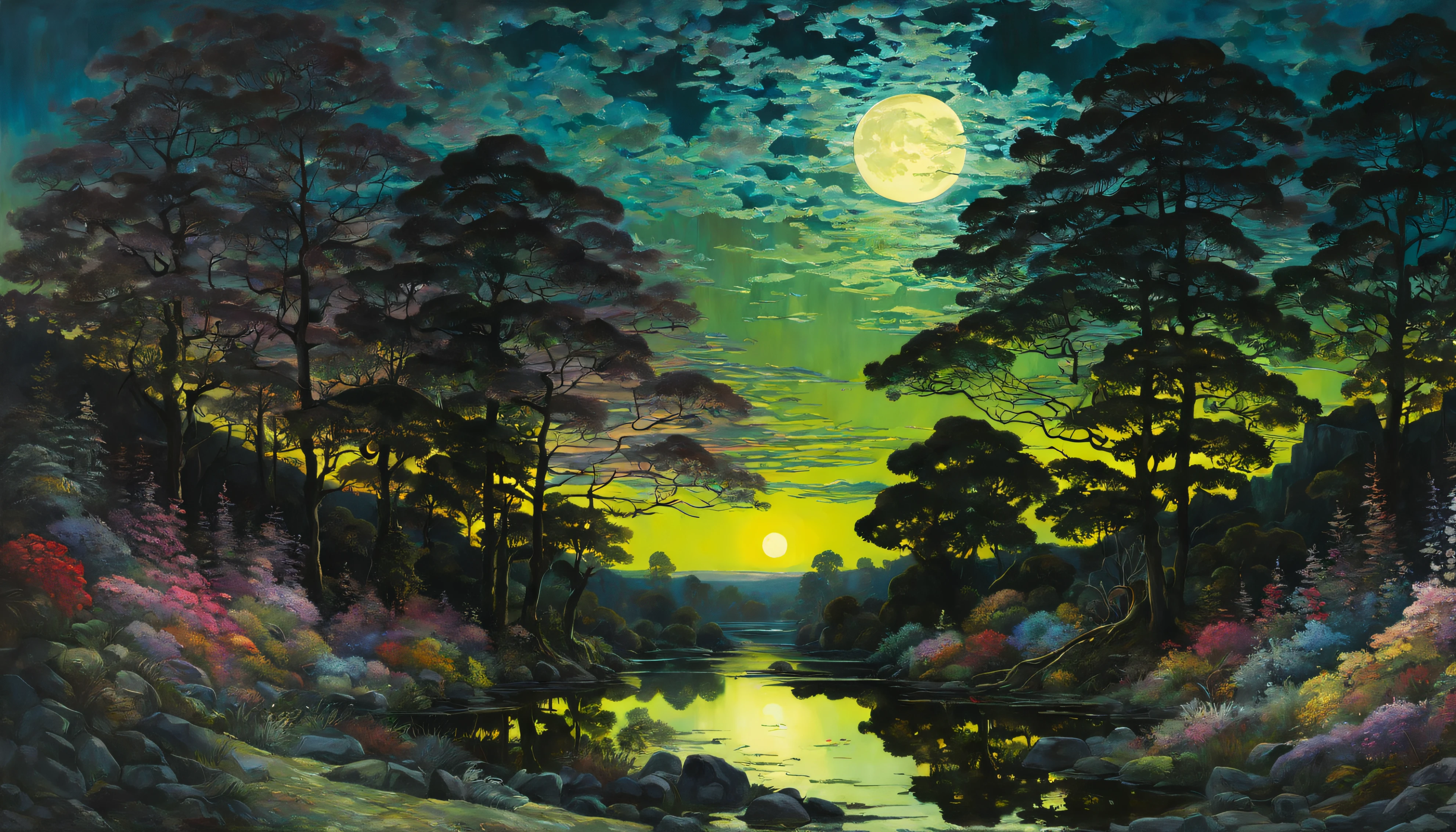 jjohn atkinson grimshaw style painting of night The moonlight shines down, casting eerie shadows on the landscape. The garden is filled with various flowers, their vibrant colors contrasting against the darkness. The painting style resembles the works of John Atkinson Grimshaw, with a focus on intricate details and a touch of romanticism. The colors are rich and vivid, adding depth to the overall composition. The lighting in the painting accentuates the mysterious and enchanting ambiance, creating a sense of anticipation and intrigue. The art captures the essence of the night, with a perfect balance of realism and imagination.