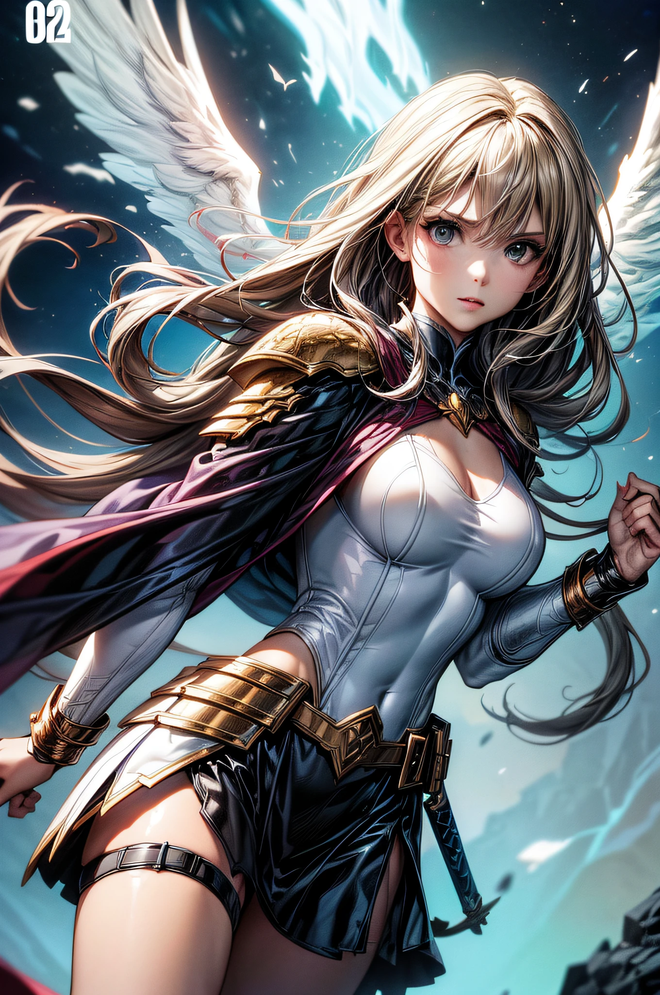 (Comic book cover art: 1.5), an female archangel prepared for battle, an extremally beautiful warrior angel, ultra feminine, long hair, blond hair, braided hair, wearing divine heavy armor, (white armor: 1.2), (angel wings: 1.2) spread, aremed with fantasysword sword, sword covered with blue fire, 16k, RAW, ultra wide shot, photorealism, depth of field, hyper realistic, 2.5 rendering, comic cover