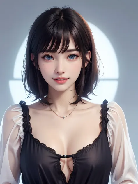 (high-level image quality、high-detail、hightquality、hight resolution、Draw everything in high resolution)、Intense crystal light blue eyes、耳Nipple Ring、Look firmly at the camera、Put your ears out、Beautiful black hair、Beautiful berry short beautiful hair with ...