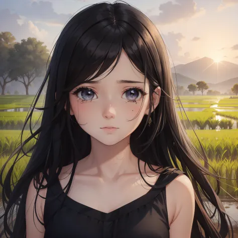teen girl, pretty face(detailed) , closeup view, salwar, messy black long hair, black eyes, crying, half body closeup, rice field in background (high detailed)