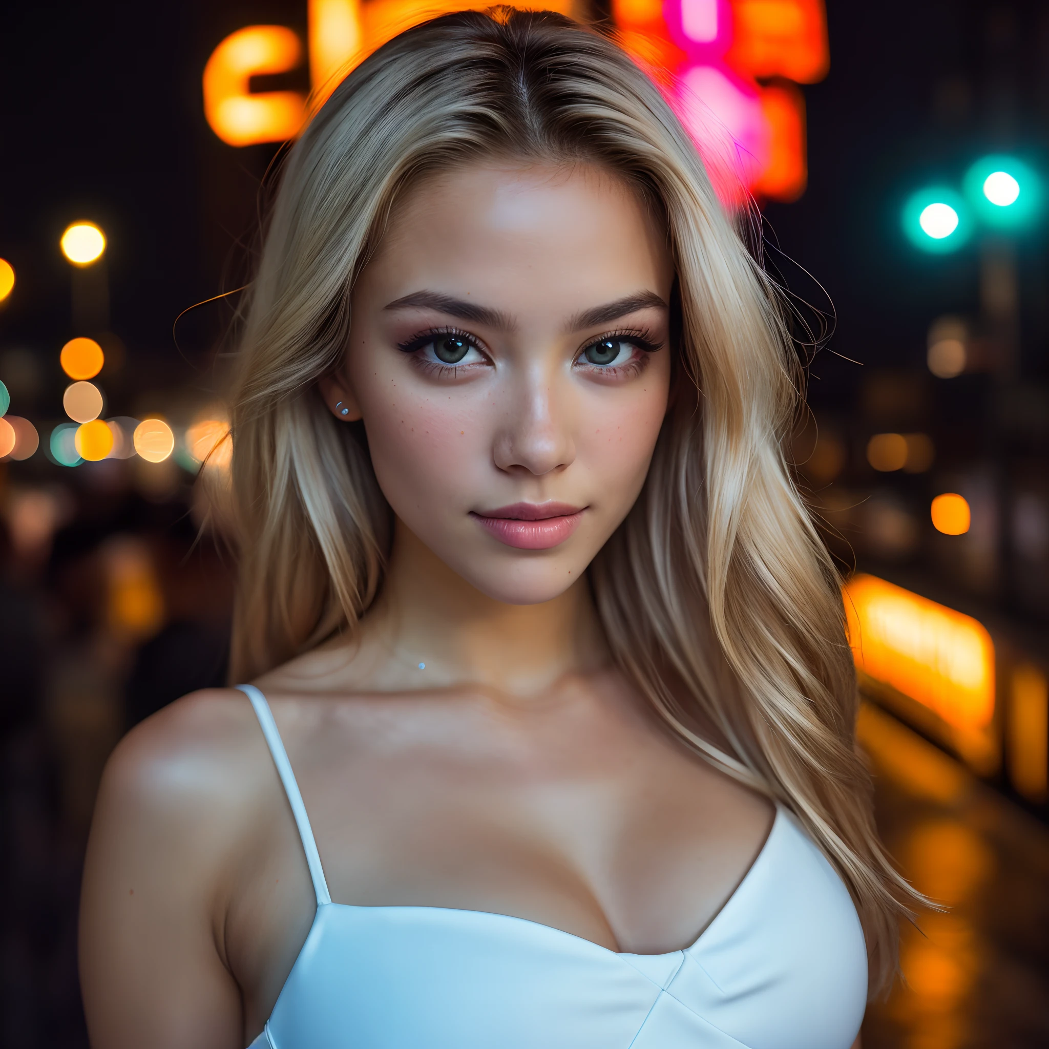 (selfie, top view: 1.4), (straight half of the body: 1.4), RAW UHD portrait photo of a 24-year-old blonde walking down a dark alley, large breasts,, city at night, (dress), (neckline), details (textures! , hair! , glitter, color!! , disadvantages: 1.1), glossy eyes with high detail (looking at the camera), SLR lighting, SLR camera, ultra-quality, sharpness, depth of field, film grain (center), Fujifilm XT3, crystal clear, frame center, beautiful face, sharp focus, street lamp, neon lighting, bokeh (dimly lit), night, (night sky), detailed skin pores, oily skin, sunburn, complex eye details, full body, large breasts