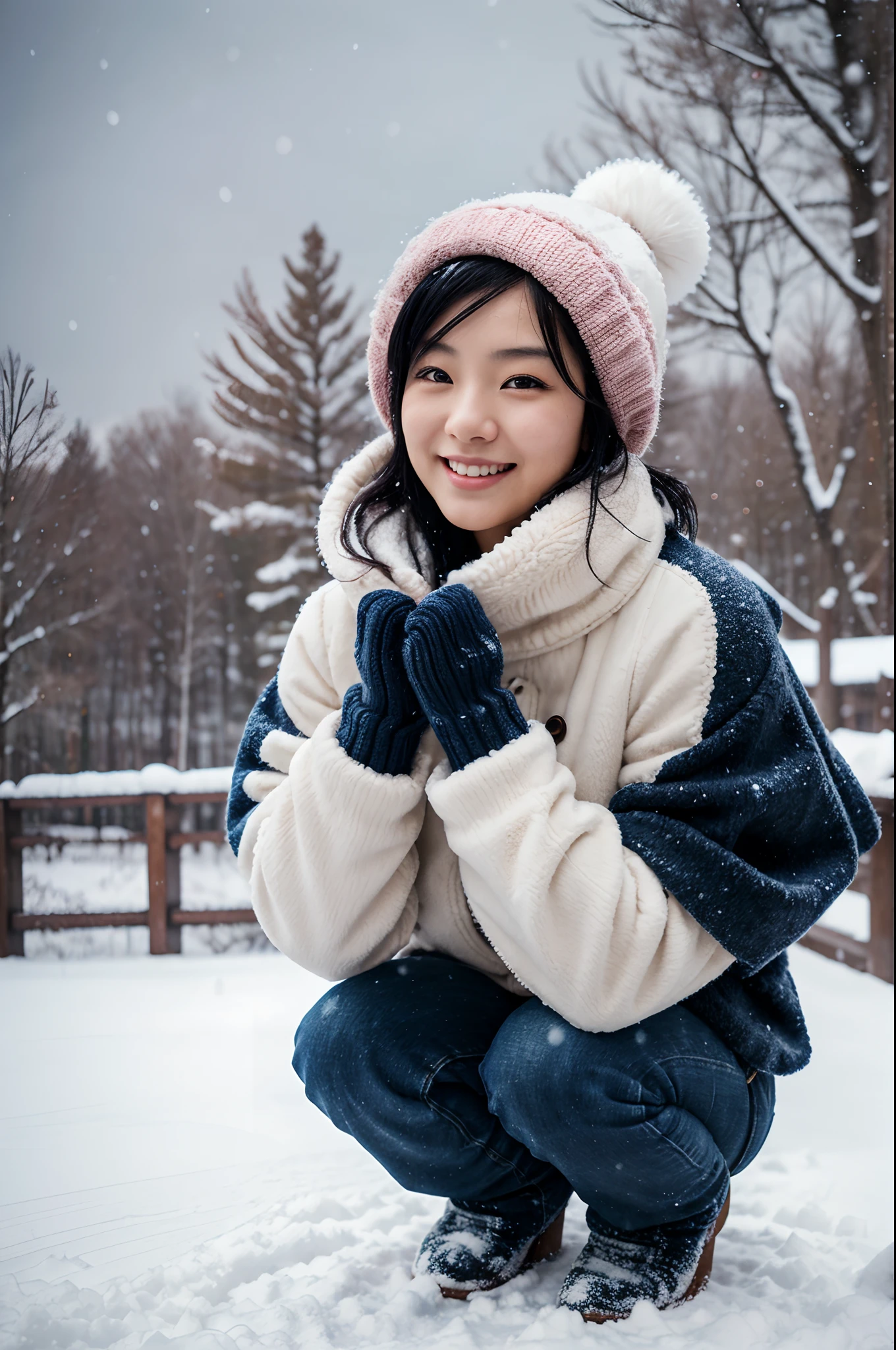 masterpiece, japanese woman, bonnet, mittens, short wavy black hair, blush, snow, winter, from below, trees, dark night, sky, aurora, thick fluffy winter clothes, jeans furry poncho, big smile, squatting with knees and feet pointed inward, hands on chin and elbows on knees, cute, falling snow, winter boots, excited