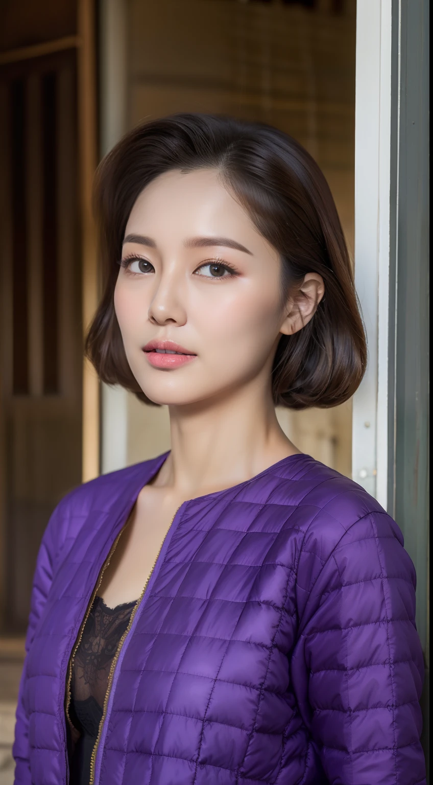 photograph of-realistic (1 Royal Sister Korean star) hair slicked back, White skin, thin makeup, 32 inch breast size, A slight smil, Wear a purple patterned camisole jacket, Stand in front of the hut, Full body portrait, hyper HD，Cocked buttocks，stocklings