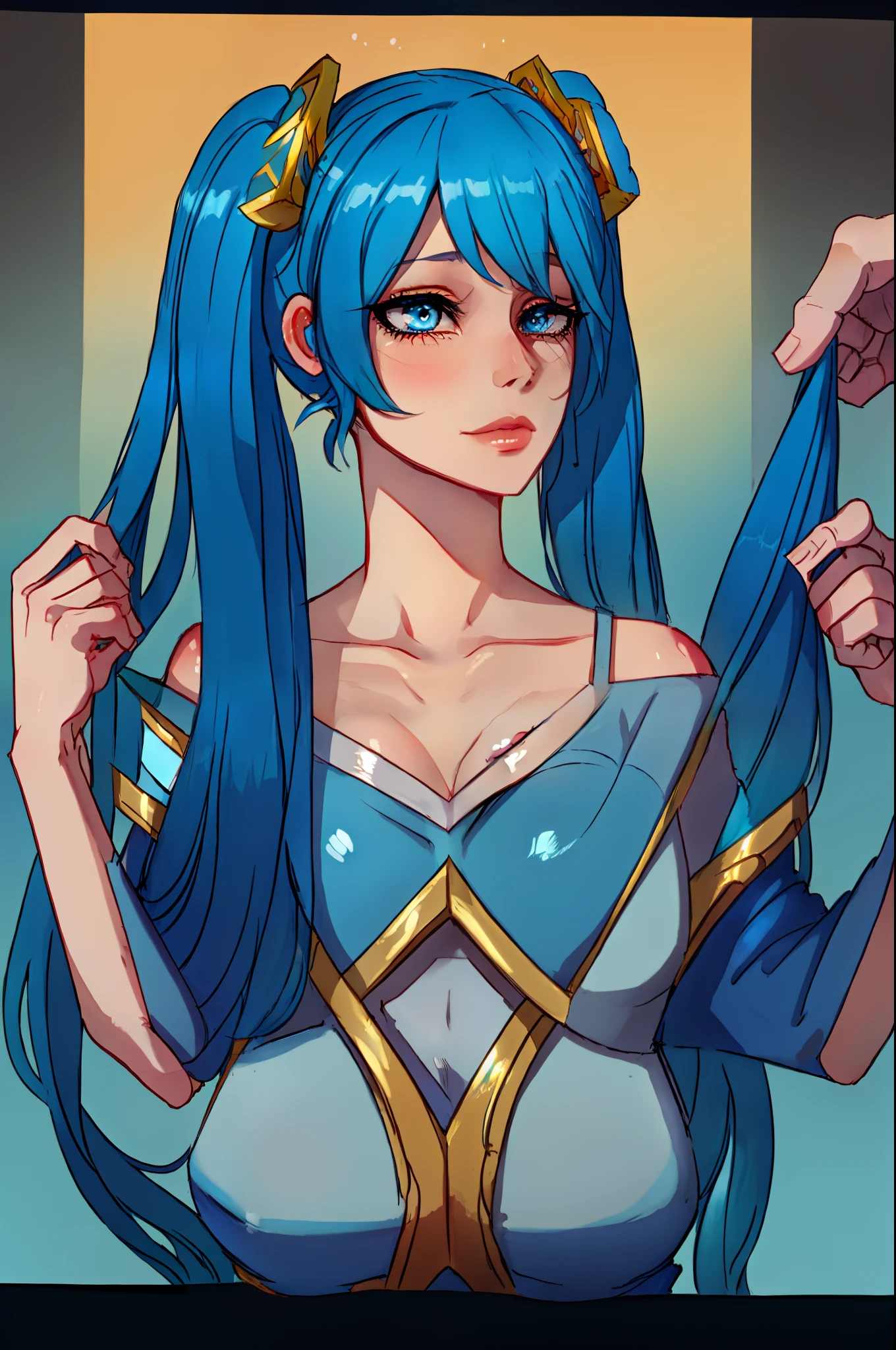 masterpiece, best quality, 1girl, Sona \(league of legends\), blue hair, blue eyes, gradient hair, collarbone, twintails, hair ornament, long hair, blue dress, breasts, close-up, portrait