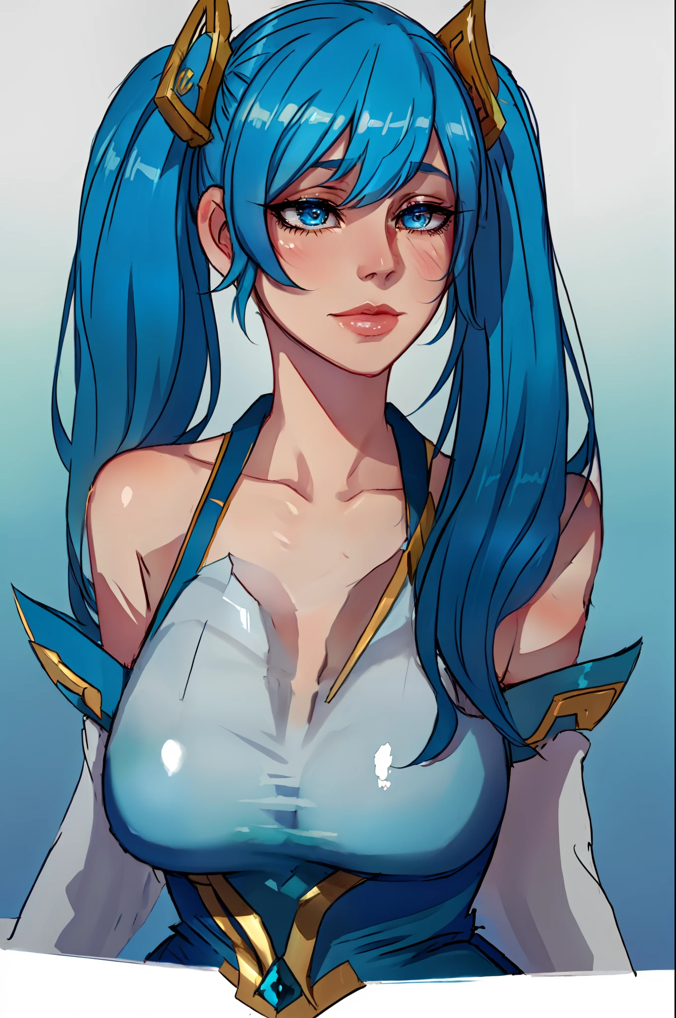 masterpiece, best quality, 1girl, Sona \(league of legends\), blue hair, blue eyes, gradient hair, collarbone, twintails, hair ornament, long hair, blue dress, breasts, close-up, portrait