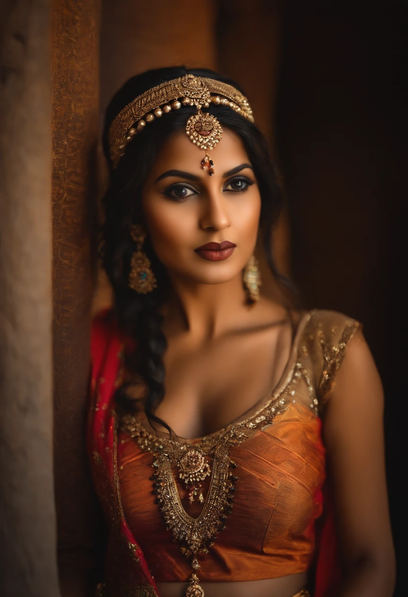 A woman in a red and gold sari posing for a photo - SeaArt AI