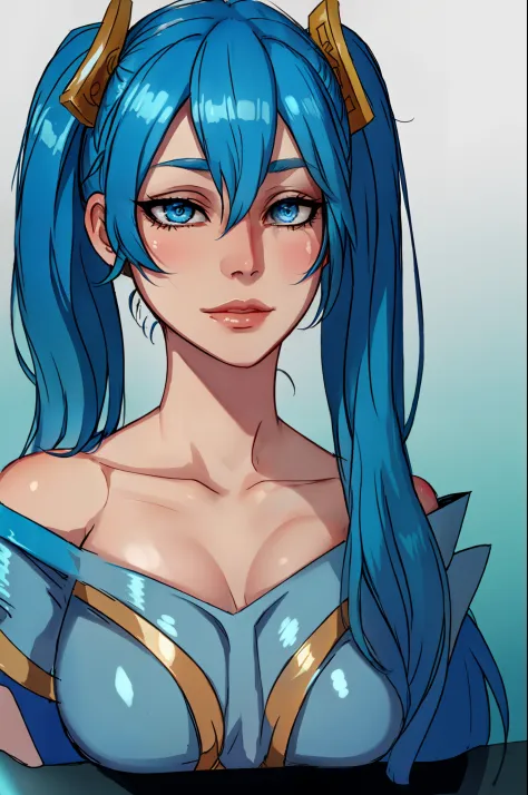 masterpiece, best quality, 1girl, Sona \(league of legends\), blue hair, blue eyes, gradient hair, collarbone, twintails, hair o...