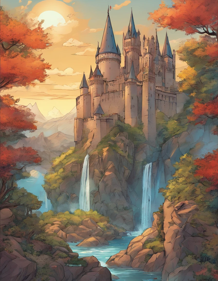 Anime scene of a castle with a waterfall and a dragon flying over it, Anor Londo, Cidadela Voadora com Torres, Fundo da catedral, dragons flying around, dragon in dragon lair, Torres majestosas, colossal dragon in background, dragons flying in the sky, arte oficial altamente detalhada, light kingdom backdrop, arte conceitual oficial, anime poster, Antecedentes Hogwarts, Arte Oficial, capa de anime