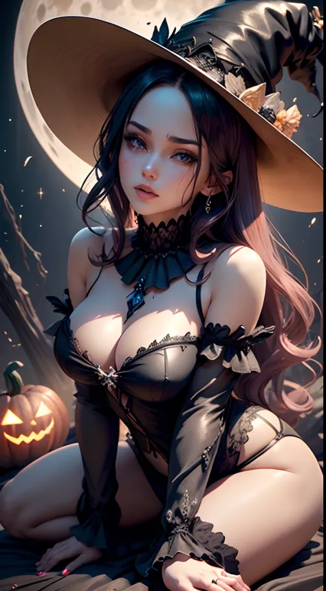 Charming beautiful Halloween witch woman, Ruffled sensual gothic stripe clothes, Pointy hat, Barely clothed, With moon and pumkin ornaments, Fly over fields full of breadkines, Full Moon Night, Fantasy Theme, Beautiful D&d character portrait, sinister, Dar...