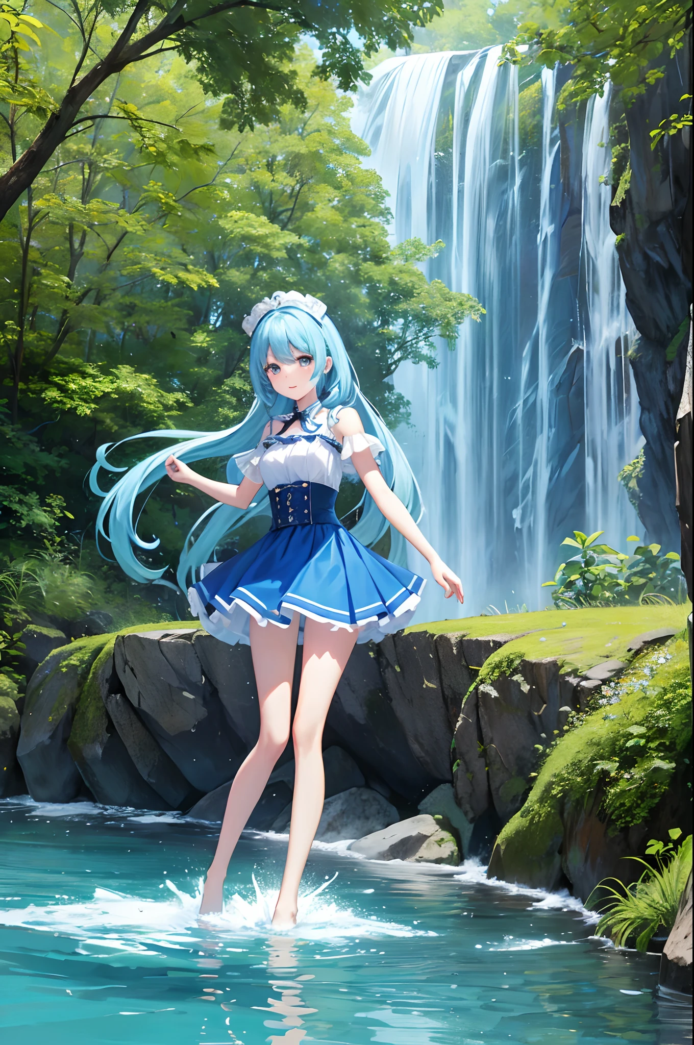 Anime girl in a blue dress standing in a stream of water - SeaArt AI