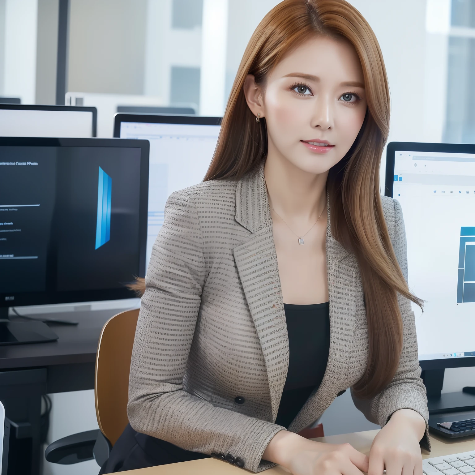 5DE4CE749F Office Desk with Computer, On the computer screen, View financial charts, ((Actress Lena Paul、business clothes)),In the background, Full glass wall showing surrounding buildings, (top-quality) (4K resolution), Realistic, Lots of detail,huge tit