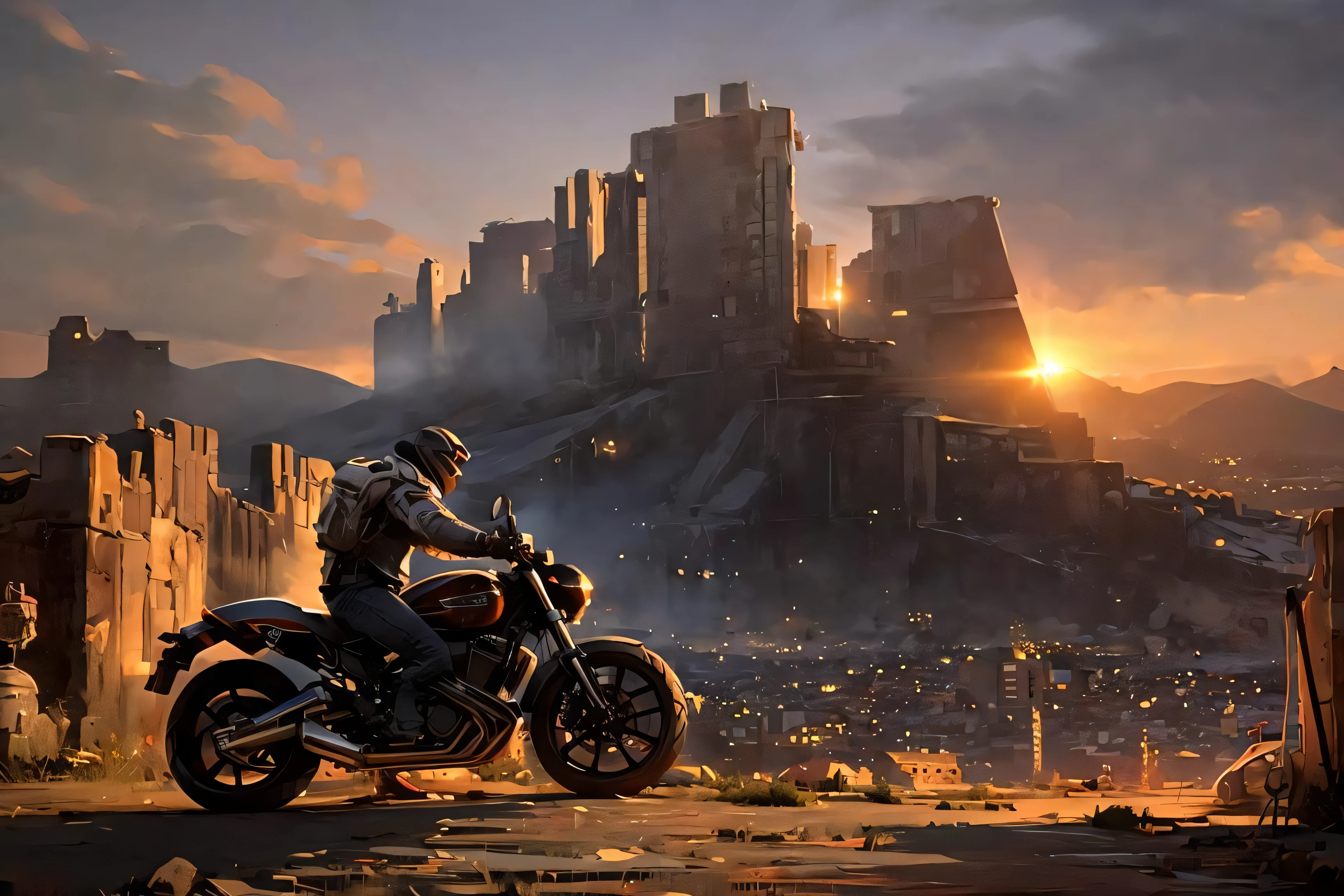 fantasyArt,hyperrealism,Concept art, apocalyptic wasteland, hand-drawn drawing, thick paint, hand-painted texture, low saturation, science fiction, scenery, sky, city, building, cloud, ground vehicle, motor vehicle, solo, outdoors, 1boy, cityscape, motorcycle, ruins, sitting, sunset