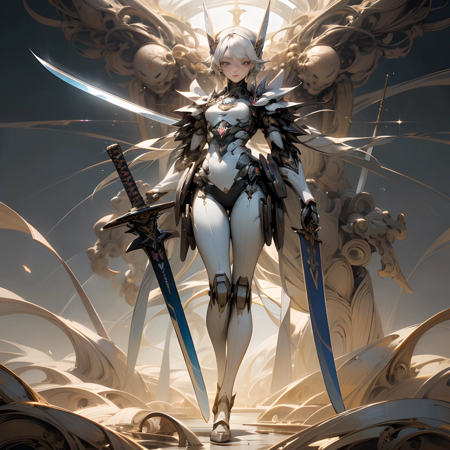 Senju Kannon with a sword、​masterpiece、top-quality、top-quality、Official art、Beautifully Aesthetic:1.2)、、ighly detailed、(Fractal Art:1.3)、, , ((Perfect robotic eyes)) ((perfect symmetry)), Perfect face, Perfect body, Undeservedly beautiful, enigmatic, Helial , (​masterpiece、top-quality、top-quality、Official art、Beautifully Aesthetic:1.2)、、ighly detailed、(Fractal Art:1.3)、 Full body, Cyborg Assassin, (((Countless arms hold swords))) Dark grey metal body armor, , ((Perfect robotic eyes)) ((perfect symmetry)), Perfect face, Perfect body, ,　"(Best Quality,4K,8K,hight resolution,masutepiece:1.2), Ultra-detailed, Realistic:1.37, (Detailed eyes:1.1, Beautiful detailed lips:1.1), Elegant posture, Slender legs, long and slim legs,Long legs,