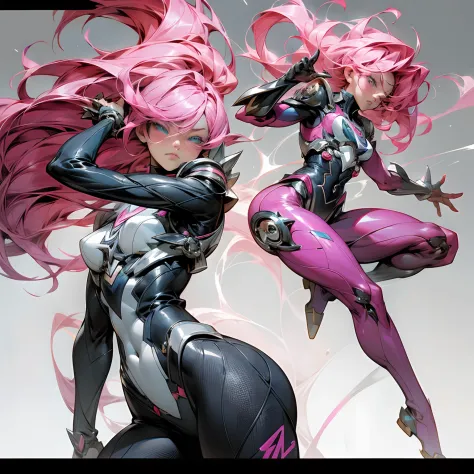 anime characters with pink hair and black bodysuits posing for a picture, ross tran style, by Ross Tran, ross tran 8 k, style ar...