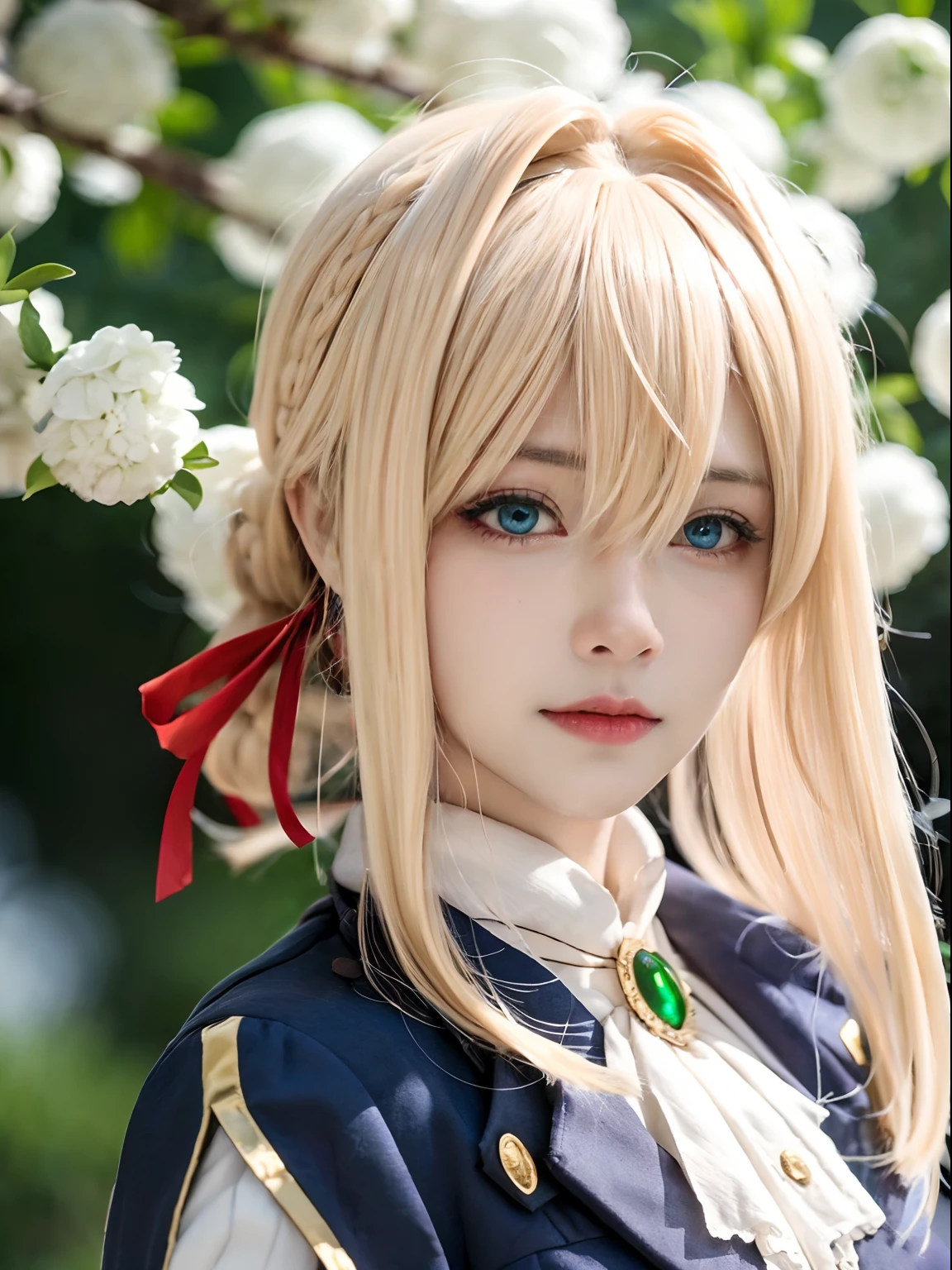 violet_evergarden, blue_eyes, best quality, ultra high res, (photorealistic1.4), 1girl, (blonde long hair:1.3), expressionless, long dress, hair braid, red ribbon, green gem neklace, ((puffy eyes)), ((upper body)), (((looking at viewer))), ((closeup)),