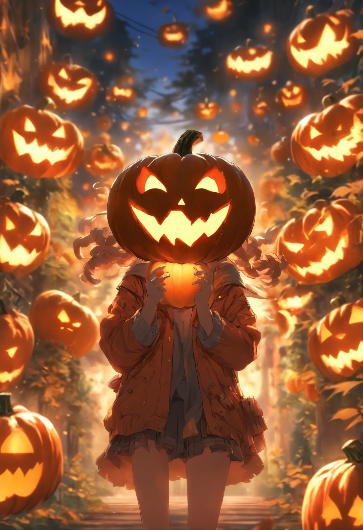 a girl holding a pumpkin in front of her face, anime art wallpaper 8 k,  anime art wallpaper 4 k, anime art wallpaper 4k, anime style 4 k - SeaArt AI