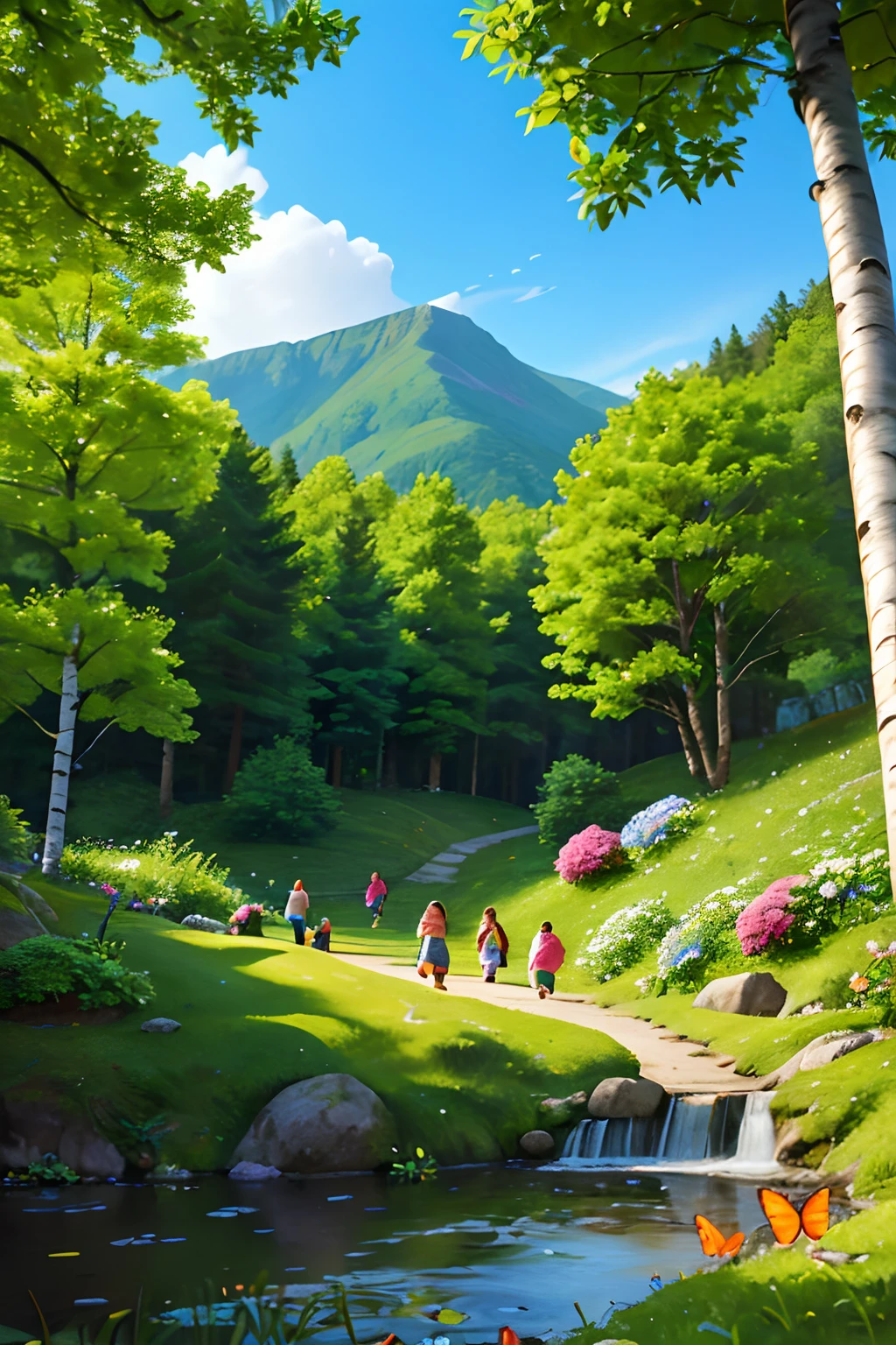 Mountain path, fir trees, birch trees, children playing, flowers, butterflies, flying birds, landscape, birds chirping, sunlight filtering through the trees, soft breeze, lush green foliage, sparkling water reflections, vibrant wildflowers, joyful laughter, carefree children's expressions, dynamic brushstrokes, mountain, harmonious composition.