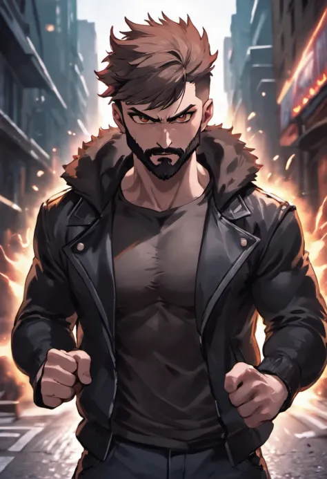 Closeup photograph, confident, virile muscular male with a beard and small wolf ears, wearing a black jacket, in a empty street, photorealistic, cinematic lighting