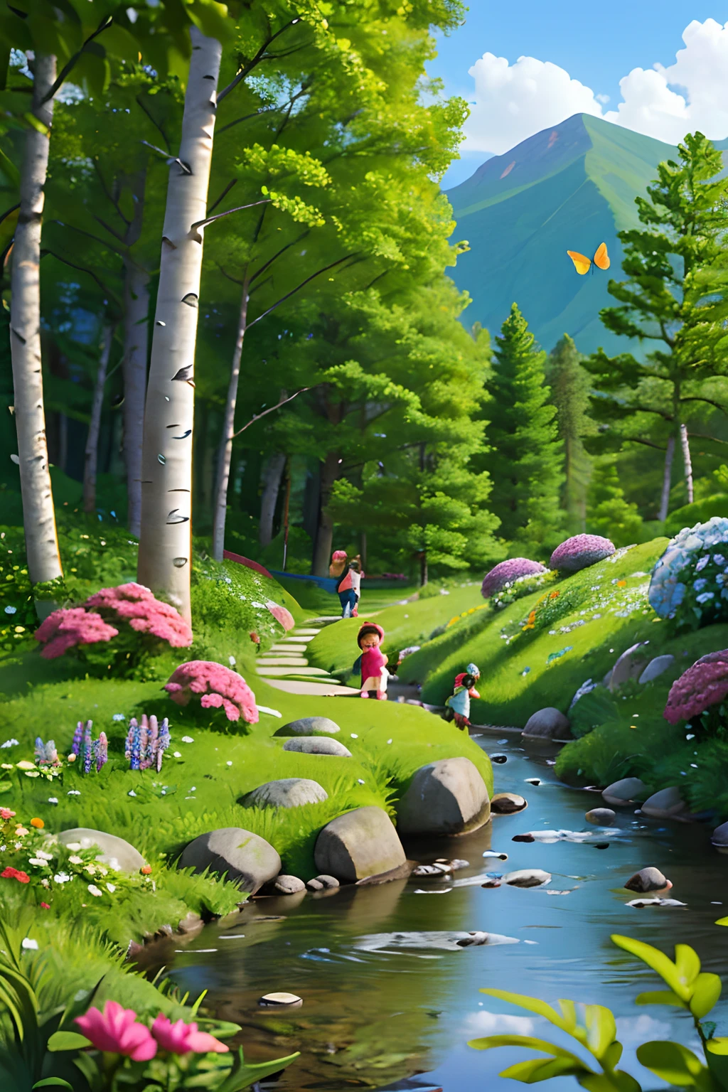 Mountain path, fir trees, birch trees, children playing, flowers, butterflies, flying birds, landscape, birds chirping, sunlight filtering through the trees, soft breeze, lush green foliage, sparkling water reflections, vibrant wildflowers, joyful laughter, carefree children's expressions, dynamic brushstrokes, mountain, harmonious composition.