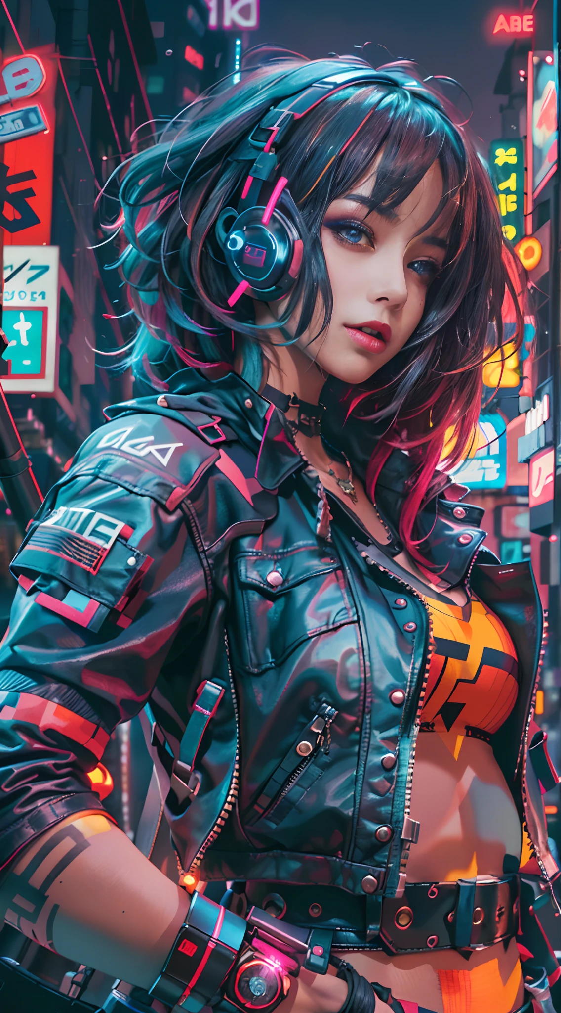 Cyber girl in a leather jacket and headphones standing in a city - SeaArt AI