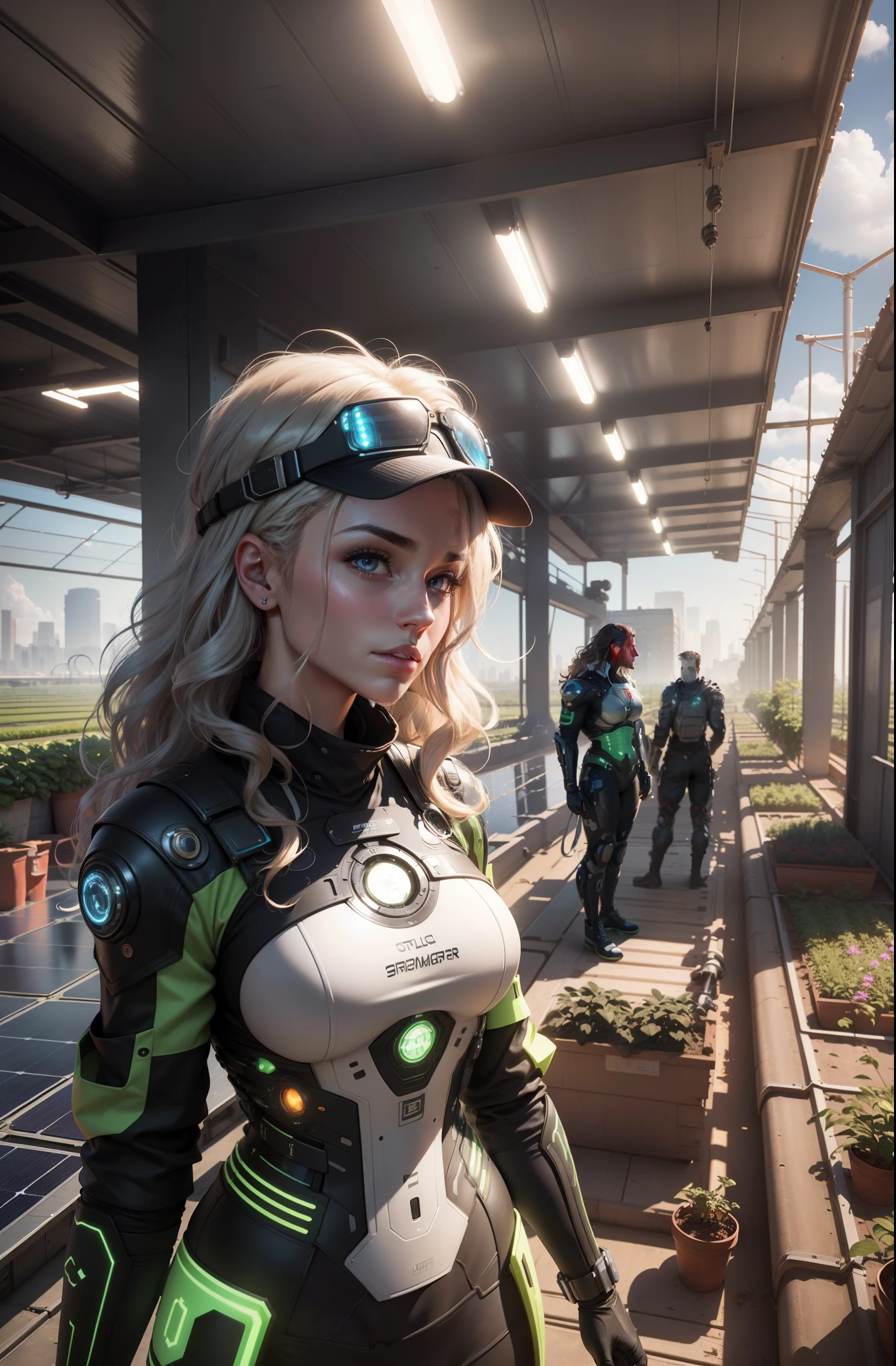 ultra realistic 8k cg, (futuristic:, perfect artwork, masterpiece, futuristic city, futuristic era, mechanic, fantasy), 30yo muscular cyborg,amazing stunningly beautiful, looking at camera, wavy shiny hair, full lips, cybernetic body, perfect body, 3d, ultra realistic, ( background: farm, solar panels on roofs, garden ), solarpunk