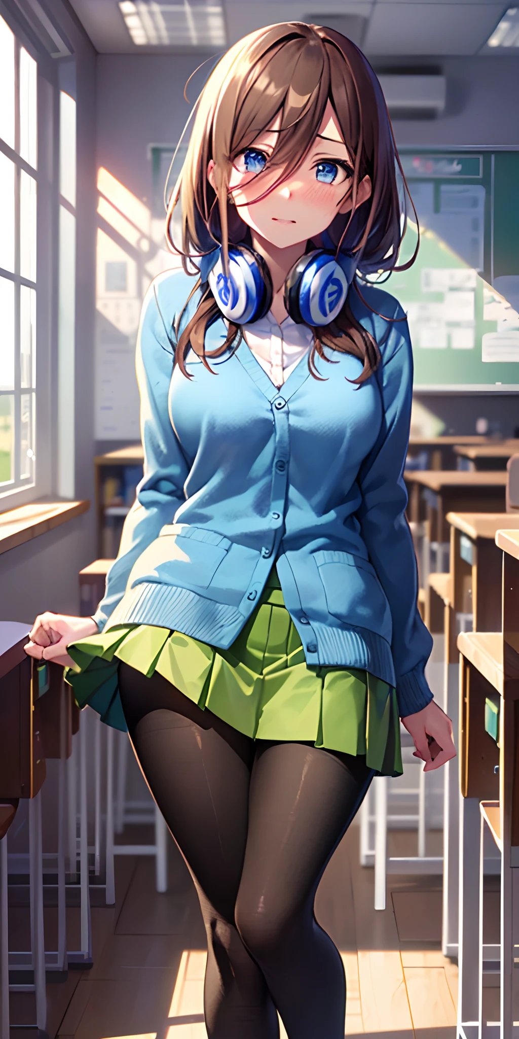 masutepiece, Best Quality, (Very detailed CG Unity 8K wallpaper) (Best Quality), (Best Illustration), (Best Shadows), Miku Nakano, Brown hair, Blue eyes, classroom, Beautiful detailed eyes, looking at viewer,(Blue Cardigan),(Short green pleated skirt),(Black pantyhose),happy,embarrassed,slouch