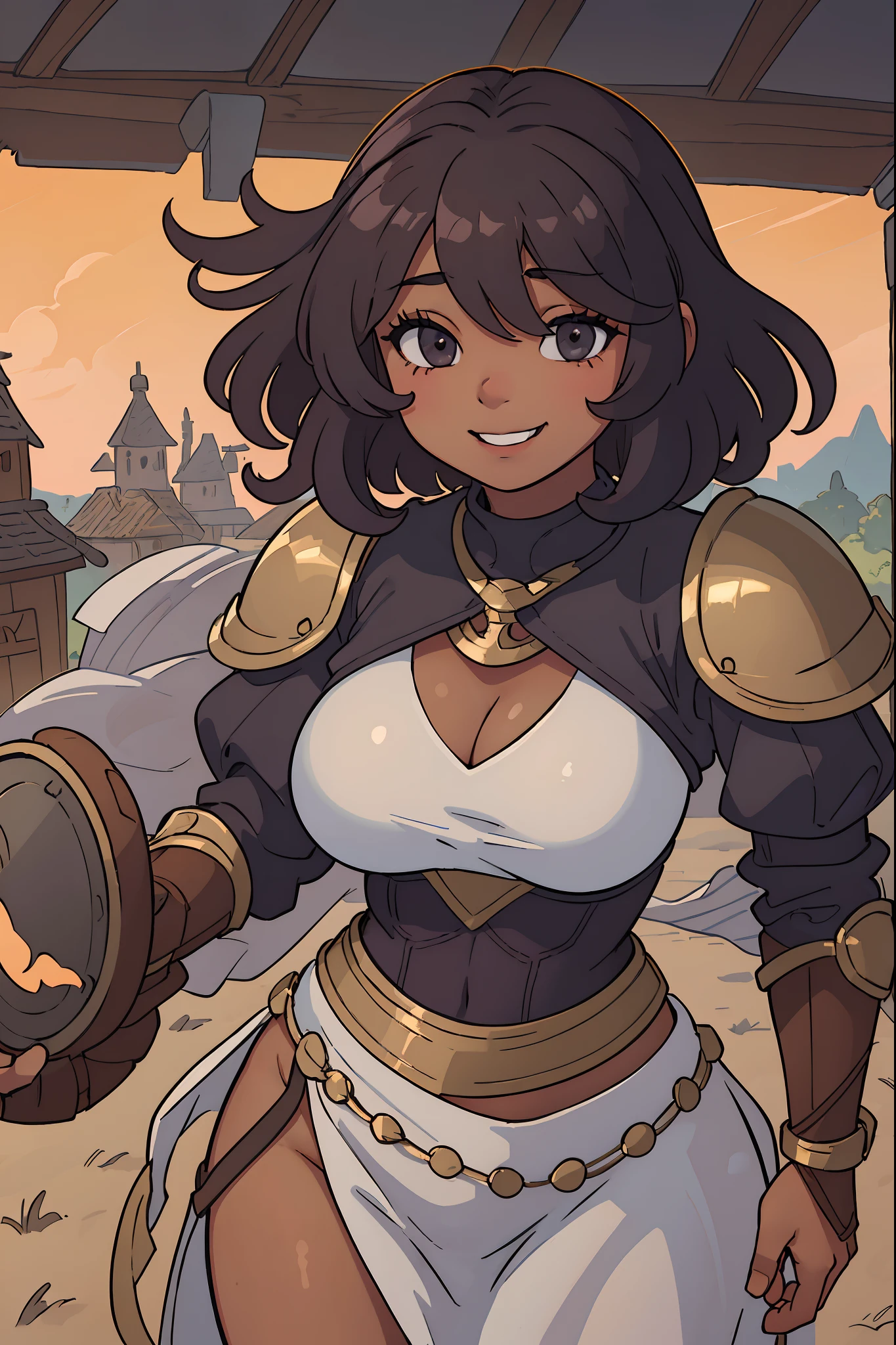 1girl, solo, female, standing, (short curly tan hair, hair covering eyes), (((hair over eyes))), smiling, dark skin, glossy lips, big breasts, hands behind back, fantasy village, facing viewer, thick thighs, gamberson, knight, steel armor, cleavage, muscular, athletic, tomboy