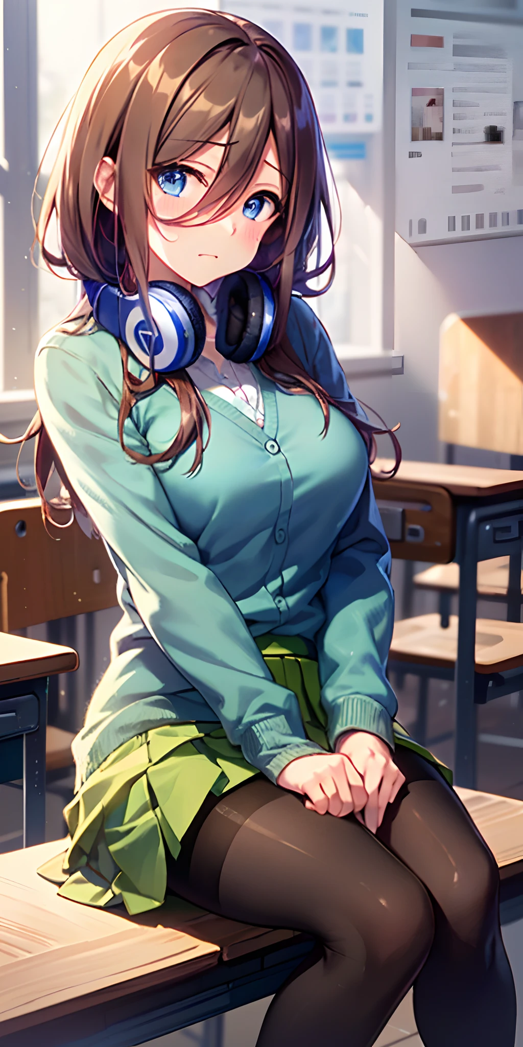 masutepiece, Best Quality, (Very detailed CG Unity 8K wallpaper) (Best Quality), (Best Illustration), (Best Shadows), Miku Nakano, Brown hair, Blue eyes, classroom, Beautiful detailed eyes, looking at viewer,(Blue Cardigan),(Short green pleated skirt),(Black pantyhose),embarrassed,head tilt,sit down