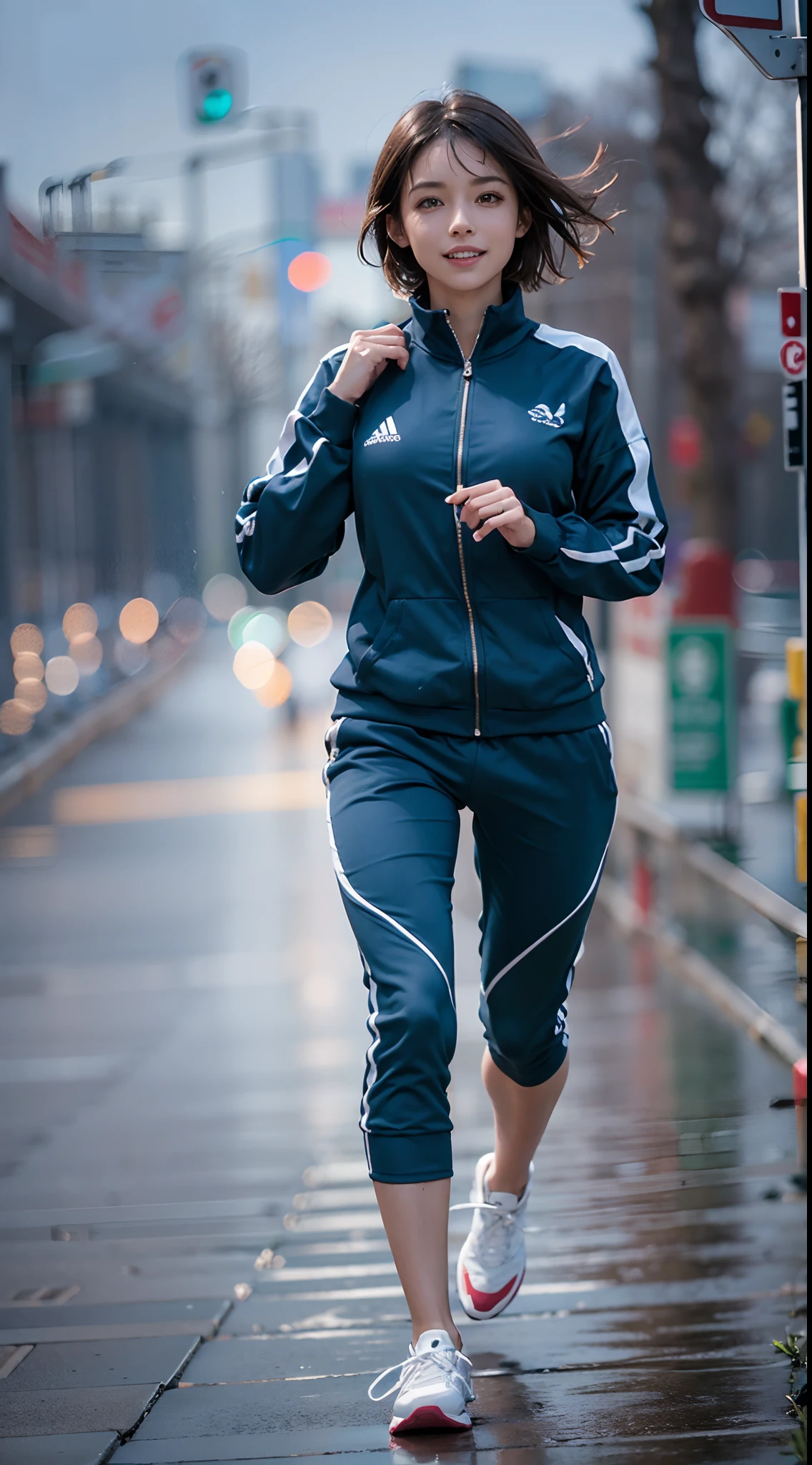 Woman running on a wet sidewalk in a blue track suit - SeaArt AI