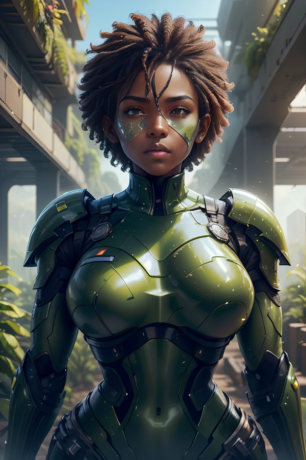 solarpunk military officer, ebony, dark skin, soft curves, perfect body, perfect abs, strong sense of three-dimensional, futuristic soldier in futuristic armor, facing the camera, muscular, camo green colors, face paint, in the middle of a battlefield
