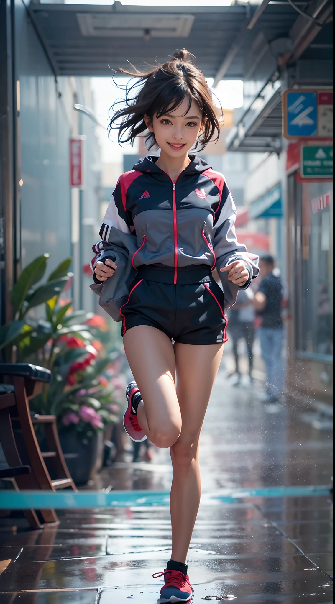 Arafed asian woman running in the rain in a city - SeaArt AI