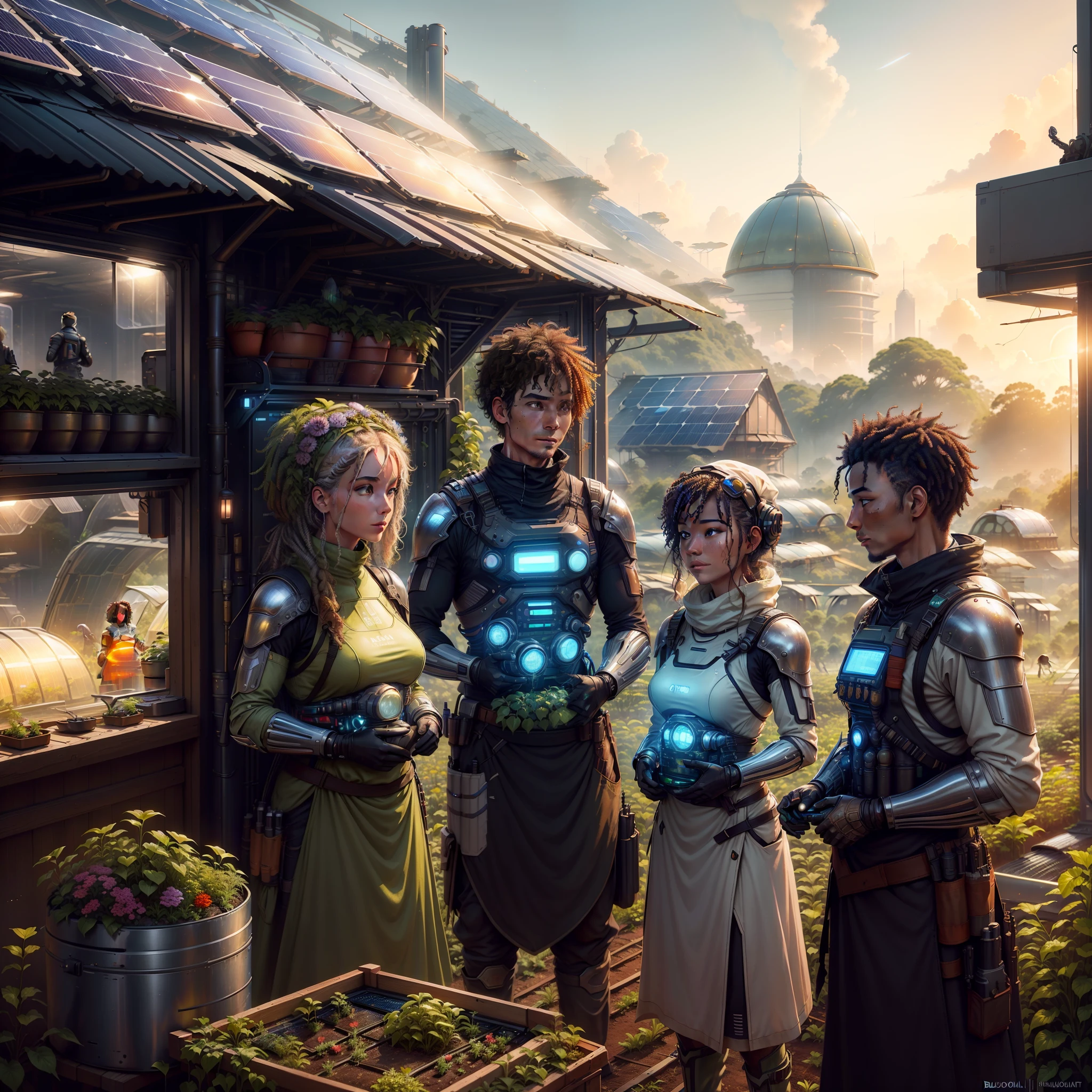 group of solairepunk travelers, Le cuisinier cuisine la soupe, tente moderne, bioarmure, fusil futuriste, ( ferme: panneaux solaires sur les toits, jardin ), solairepunk