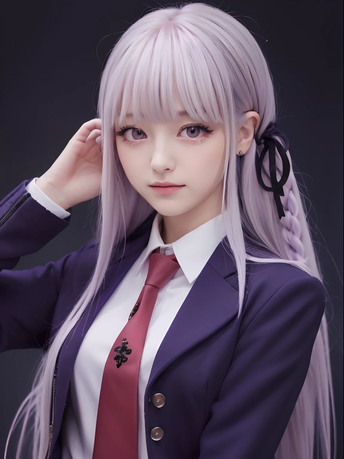 (Best Quality, masutepiece:1.2), 1 girl, 20 years old, Solo, white hair,Eyes with beautiful details,(school uniform),The upper part of the body,Bangs,ear, dark purple jacket, red tie, long hair, blush, look at viewer,