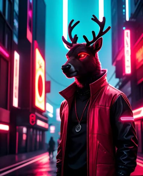 cyberpunk, portrait, male black reindeer, red neon eyes, wearing stylish [black|red] clothes standing in a city, (sunrize:1.4), ...