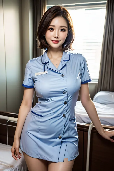 (1 Ultimate Beautiful Mature Nurse)、hyperdetailed face、Detailed lips、detailed eyes、double eyelids、((brunette bob hair))、(nurse's...