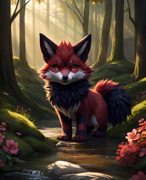 araffe with red hair and a furry tail in the woods, very very beautiful furry art, dramatic cinematic detailed fur, furry art, f...