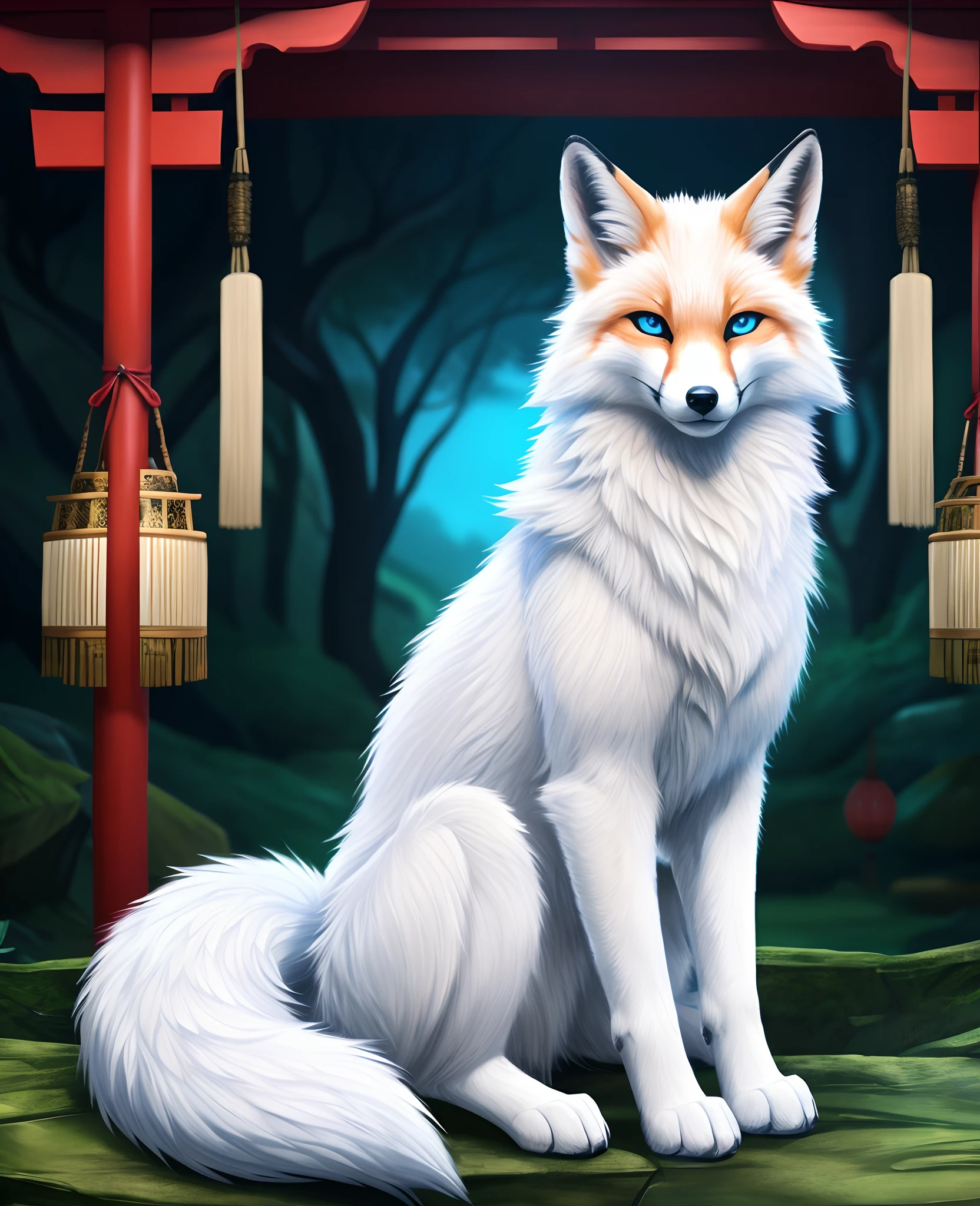 falvie 
asian_mythology east_asian_mythology mythology 
canid canine fox mammal will-o'-the-wisp 
2017 digital_media_(artwork) 
ambiguous_gender blue_eyes detailed_background feral fox_spirit fur kitsunebi multi_tail paws shrine sitting smile solo tail white_body white_fur