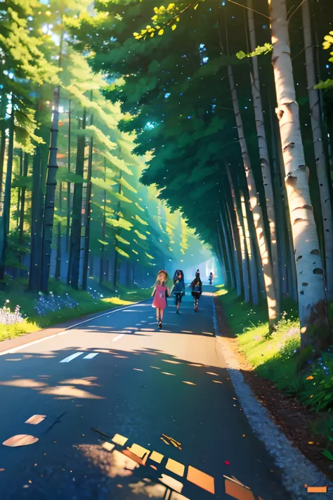 Mountain path, fir trees, birch trees, children playing, flowers, butterflies, flying birds, landscape, birds chirping, sunlight filtering through the trees, soft breeze, lush green foliage, sparkling water reflections, vibrant wildflowers, joyful laughter...